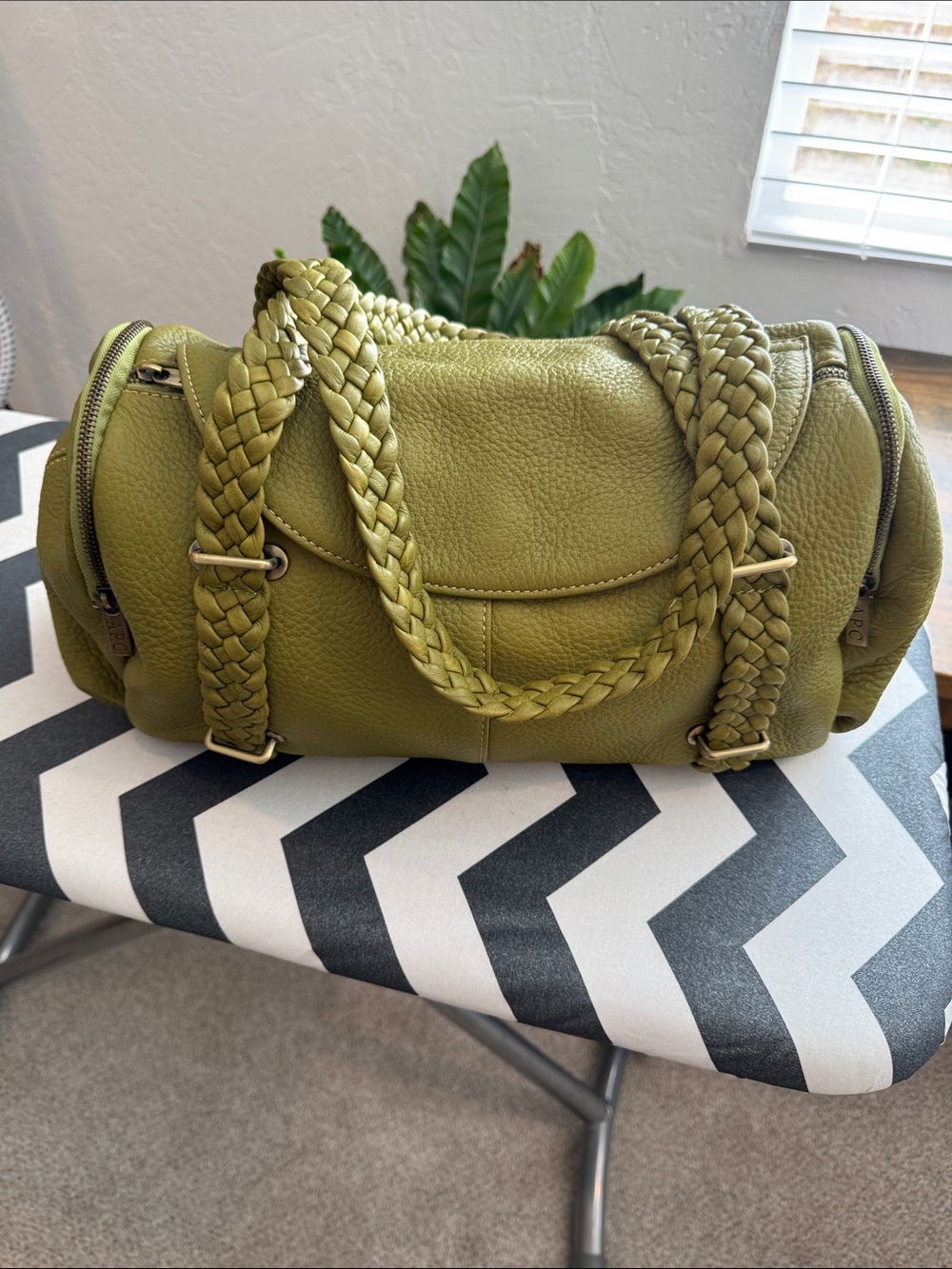 A.P.C Pebbled LeatherOlive Green Tote Bag with Braided Handle